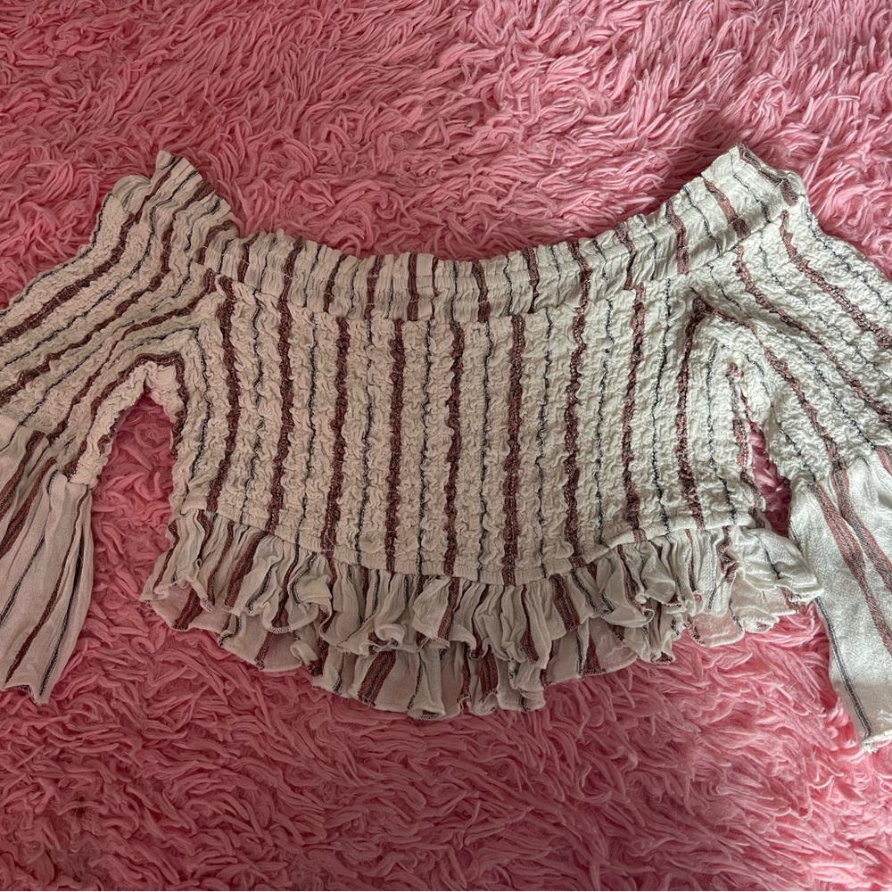 Off-Shoulder Ruffle Kids Top in Cream with Burgundy Stripes